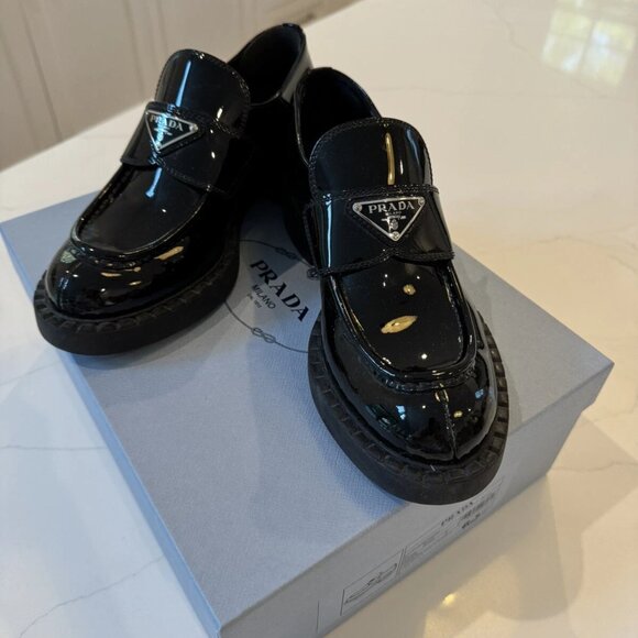 Prada Black Patent Leather triangle Logo Loafers 38 US 8 - Picture 2 of 5